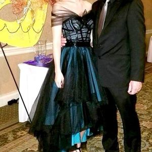 Flirt Hi-Low Prom Dress Black Teal Blue Hi-Lo Gown